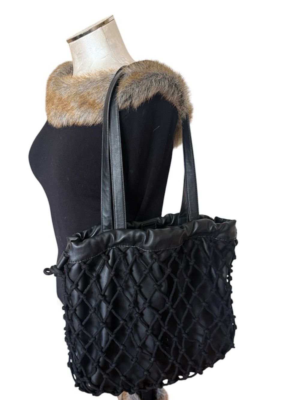 Simply Vera Vera Wang Black Knotted Net Tote Bag Mesh Shoulder Purse